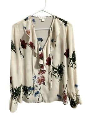 Finn & Grace Cream Floral Ruffle Tie-Neck Blouse Size XS